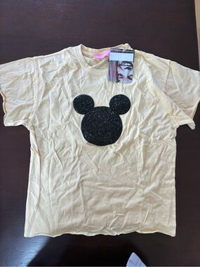 Women's Cream Short Sleeve Tee with Black Glitter Mickey Mouse